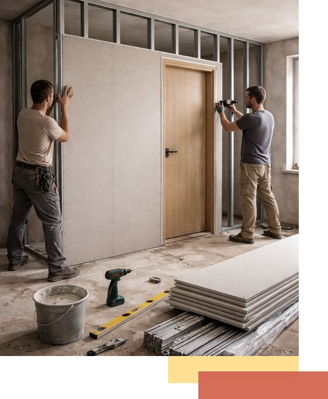 Перегородка из гипсокартона с дверью под ключ в Шумерле