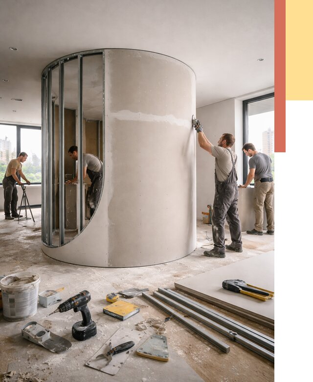 Радиусная перегородка из гипсокартона в Шумерле от 3150 руб. под ключ | ОТДЕЛОЧНИК-Шмр