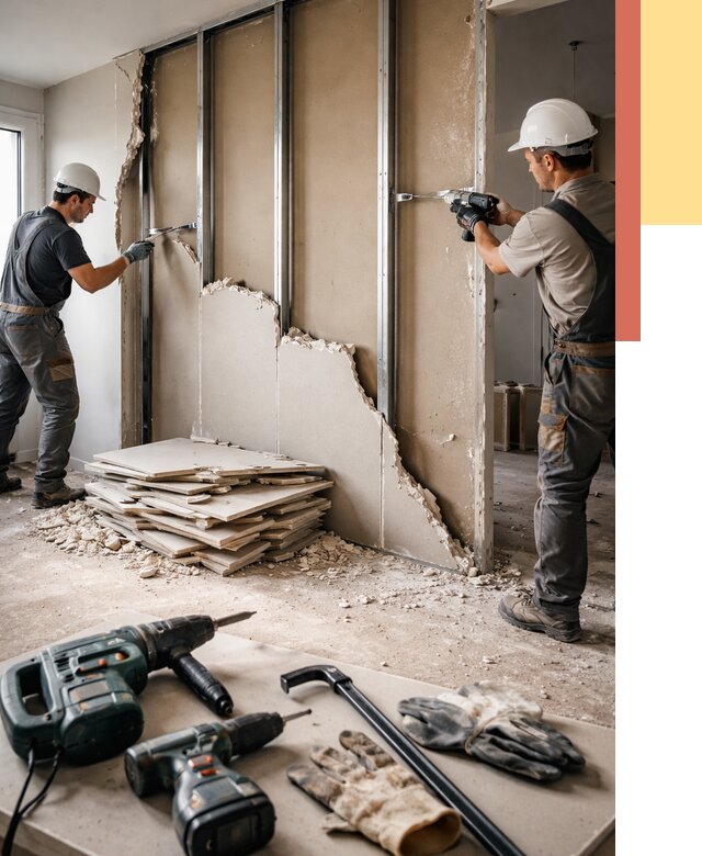 Демонтаж перегородки из гипсокартона в Шумерле от 1304 руб. быстро и недорого | ОТДЕЛОЧНИК-Шмр