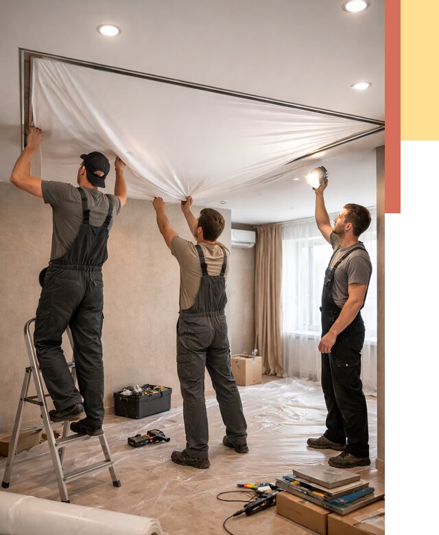 Монтаж ПВХ натяжного потолка в Шумерле от 3802 руб. под ключ | ОТДЕЛОЧНИК-Шмр