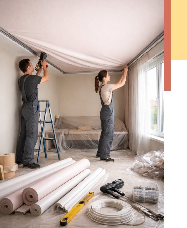 Монтаж цветного натяжного потолка в Шумерле от 4562 руб/м² — быстро и недорого | ОТДЕЛОЧНИК-Шмр