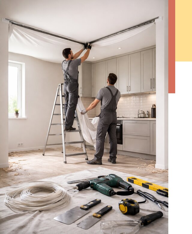 Установка натяжного потолка на кухне в Шумерле от 2607 руб. | ОТДЕЛОЧНИК-Шмр