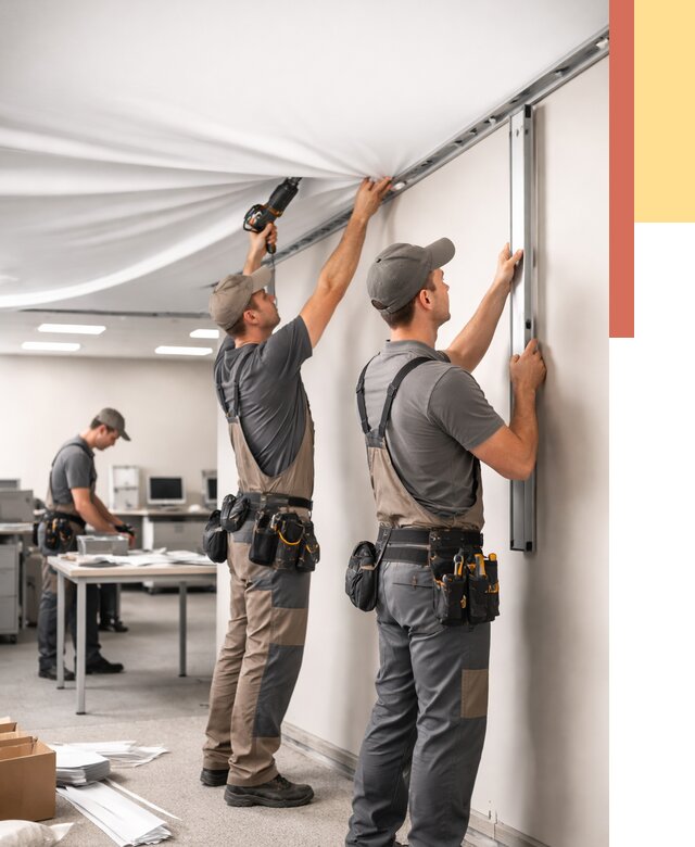 Монтаж натяжного потолка в офисе в Шумерле от 489 руб/м² — быстро и недорого | ОТДЕЛОЧНИК-Шмр