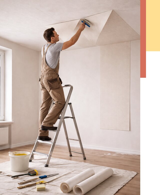 Поклейка обоев на потолок в Шумерле от 4888 руб. быстро и недорого | ОТДЕЛОЧНИК-Шмр